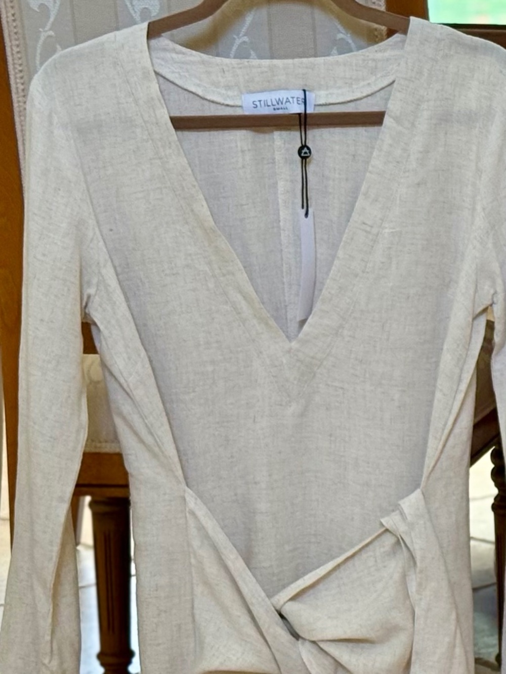 Stillwater Mini linen Dress w Front Tie, long sleeve, natural beige, NWT, S